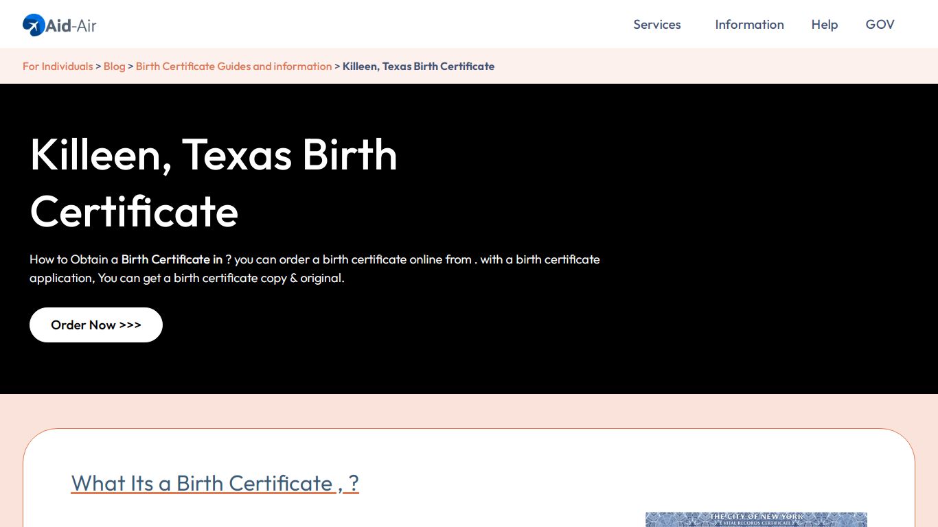 Order U.S. Birth Certificate in Killeen | Texas, USA | Aid-Air