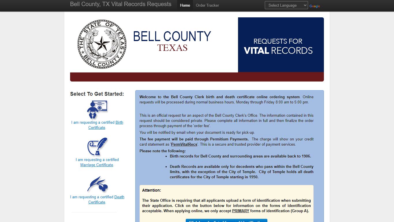 Bell County Clerk Online Birth/Death Certificate Requests